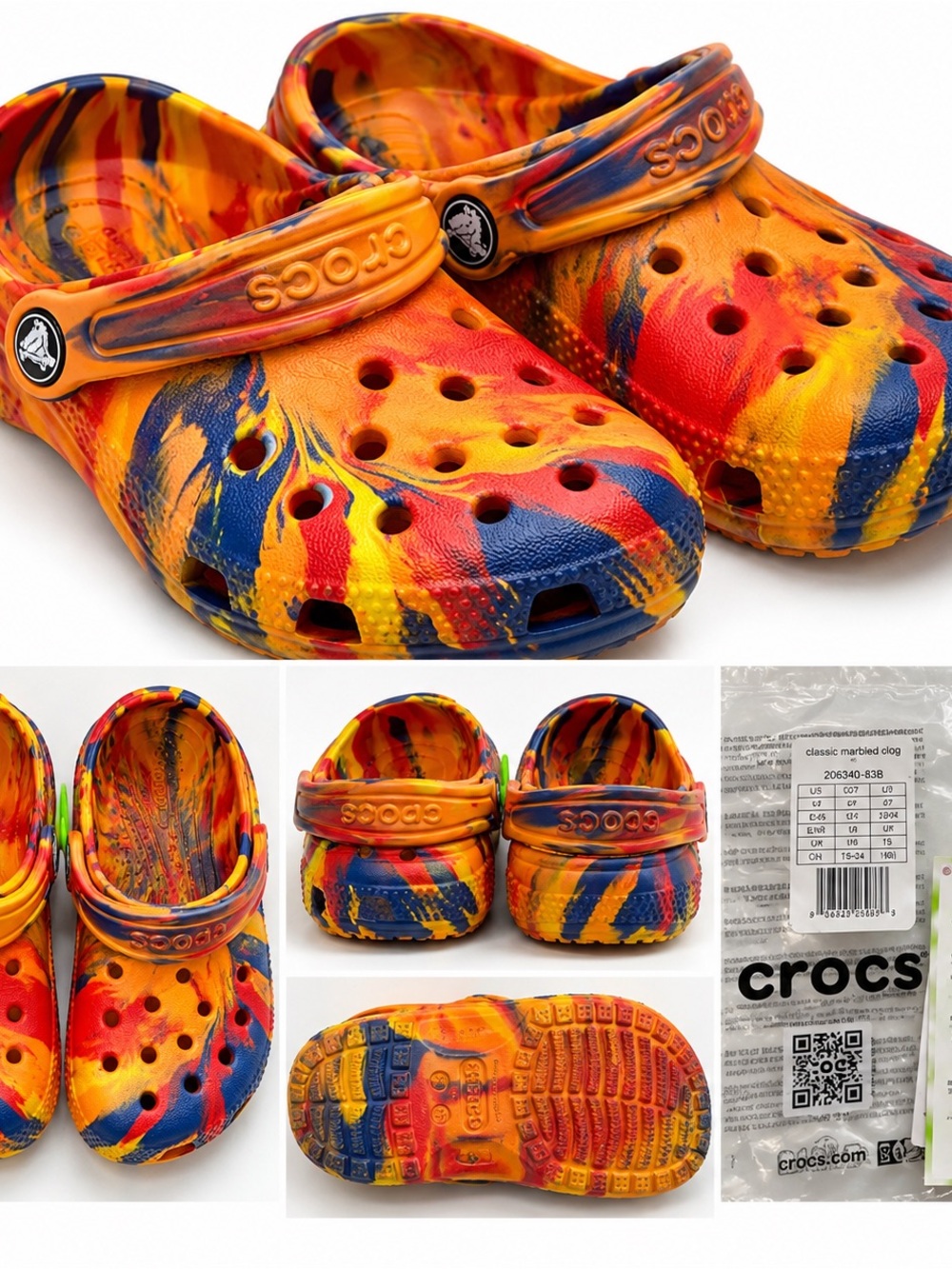 CROCS Kids Classic Marbled Clog - Orange, Red & Blue 8 unisex